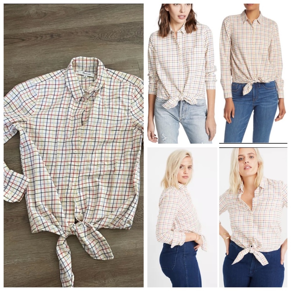 Madewell Tie-Front Shirt in Rainbow Plaid.